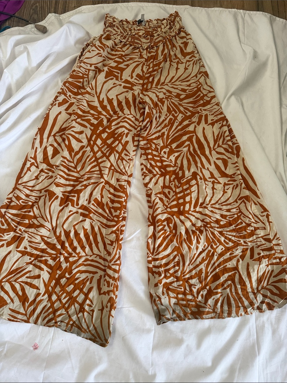 Patrons of Peace Wide Leg Pants in Rust and Cream Leaf Print
